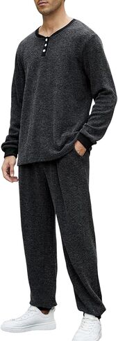 Gihuo Mens Knit Pajamas Set with Henley Collar 2 Piece Loungewear Set Casual Loose Fit Cozy Pjs Sleepwear in Saudi Arabia