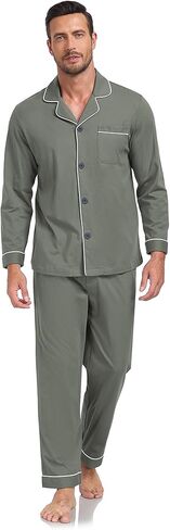 100% Cotton Men's Pajama Set Long Sleeve Long Pants with Pocket Breathable Pajama Set in Saudi Arabia