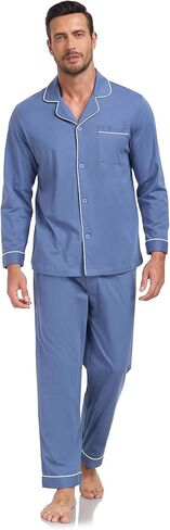 100% Cotton Men's Pajama Set Long Sleeve Long Pants with Pocket Breathable Pajama Set in Saudi Arabia