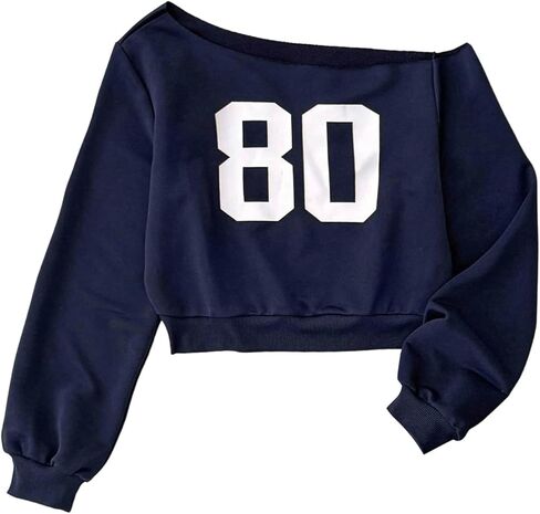 SHENHE Girl's Jersey Sweatshirt Off The Shoulder Number Graphic Vintage Preppy Sweatshirt Crop Top in Saudi Arabia