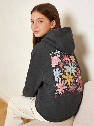 Hoodie for Girls, Graphic Hoodie Sweatshirt, Kids Pullover Top 6-14 Years, Girls Long Sleeve Sweatshirt, Floral Print in Saudi Arabia