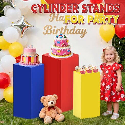 Set of 3 Square Red Yellow Blue Cylinder Stand Covers for Party, Spandex Display Pedestal Covers,Cylinder Pedestal Stand Cover for Christmas Festival Birthday Party Wedding Props Decor (M+L+XL) in Saudi Arabia