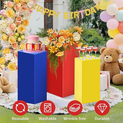 Set of 3 Square Red Yellow Blue Cylinder Stand Covers for Party, Spandex Display Pedestal Covers,Cylinder Pedestal Stand Cover for Christmas Festival Birthday Party Wedding Props Decor (M+L+XL) in Saudi Arabia
