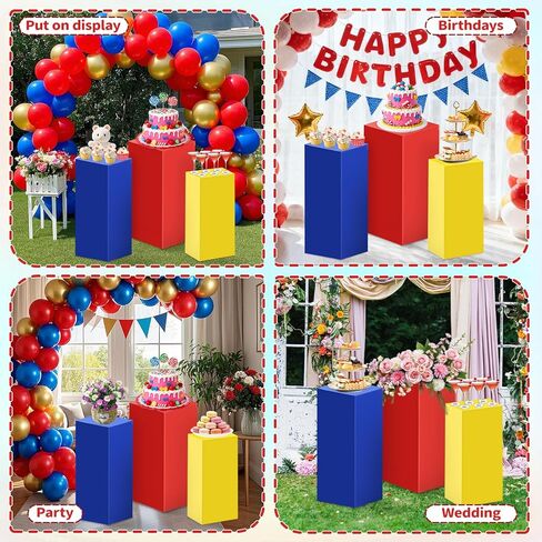 Set of 3 Square Red Yellow Blue Cylinder Stand Covers for Party, Spandex Display Pedestal Covers,Cylinder Pedestal Stand Cover for Christmas Festival Birthday Party Wedding Props Decor (M+L+XL) in Saudi Arabia