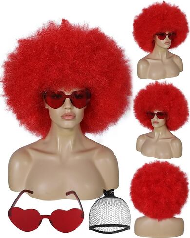 BESTBEL+Hair Cap Red Curly Wig and Sunglasses Clown Wigs for Adults Curly Red Wig for Halloween Disco Party Outfits Short Afro Wigs with Bangs Cosplay Costume Fluffy Bouncy Synthetic Hair in Saudi Arabia