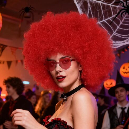 BESTBEL+Hair Cap Red Curly Wig and Sunglasses Clown Wigs for Adults Curly Red Wig for Halloween Disco Party Outfits Short Afro Wigs with Bangs Cosplay Costume Fluffy Bouncy Synthetic Hair in Saudi Arabia