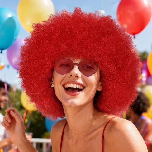 BESTBEL+Hair Cap Red Curly Wig and Sunglasses Clown Wigs for Adults Curly Red Wig for Halloween Disco Party Outfits Short Afro Wigs with Bangs Cosplay Costume Fluffy Bouncy Synthetic Hair in Saudi Arabia
