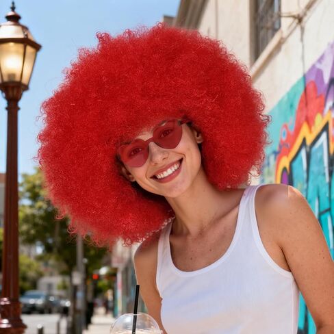BESTBEL+Hair Cap Red Curly Wig and Sunglasses Clown Wigs for Adults Curly Red Wig for Halloween Disco Party Outfits Short Afro Wigs with Bangs Cosplay Costume Fluffy Bouncy Synthetic Hair in Saudi Arabia