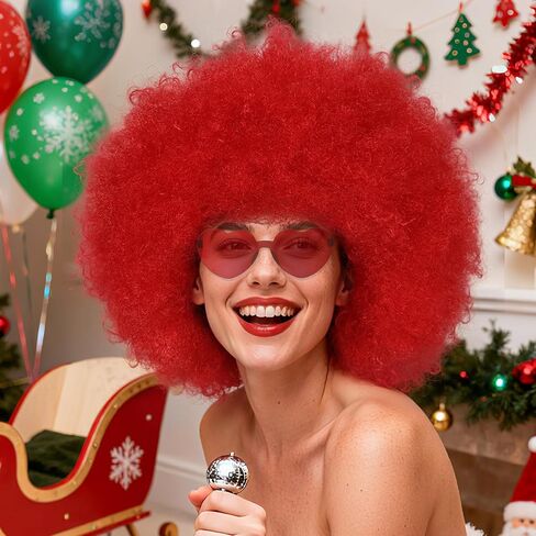 BESTBEL+Hair Cap Red Curly Wig and Sunglasses Clown Wigs for Adults Curly Red Wig for Halloween Disco Party Outfits Short Afro Wigs with Bangs Cosplay Costume Fluffy Bouncy Synthetic Hair in Saudi Arabia