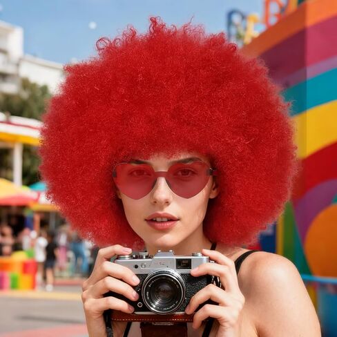 BESTBEL+Hair Cap Red Curly Wig and Sunglasses Clown Wigs for Adults Curly Red Wig for Halloween Disco Party Outfits Short Afro Wigs with Bangs Cosplay Costume Fluffy Bouncy Synthetic Hair in Saudi Arabia