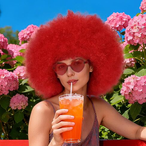 BESTBEL+Hair Cap Red Curly Wig and Sunglasses Clown Wigs for Adults Curly Red Wig for Halloween Disco Party Outfits Short Afro Wigs with Bangs Cosplay Costume Fluffy Bouncy Synthetic Hair in Saudi Arabia