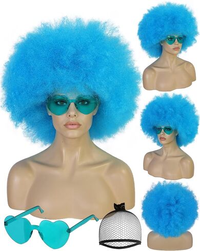 BESTBEL+Hair Cap Red Curly Wig and Sunglasses Clown Wigs for Adults Curly Red Wig for Halloween Disco Party Outfits Short Afro Wigs with Bangs Cosplay Costume Fluffy Bouncy Synthetic Hair in Saudi Arabia