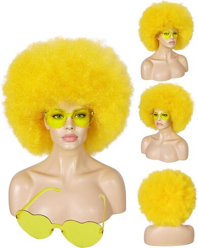 BESTBEL+Hair Cap Red Curly Wig and Sunglasses Clown Wigs for Adults Curly Red Wig for Halloween Disco Party Outfits Short Afro Wigs with Bangs Cosplay Costume Fluffy Bouncy Synthetic Hair in Saudi Arabia