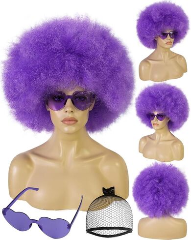 BESTBEL+Hair Cap Red Curly Wig and Sunglasses Clown Wigs for Adults Curly Red Wig for Halloween Disco Party Outfits Short Afro Wigs with Bangs Cosplay Costume Fluffy Bouncy Synthetic Hair in Saudi Arabia