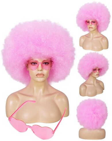 BESTBEL+Hair Cap Red Curly Wig and Sunglasses Clown Wigs for Adults Curly Red Wig for Halloween Disco Party Outfits Short Afro Wigs with Bangs Cosplay Costume Fluffy Bouncy Synthetic Hair in Saudi Arabia