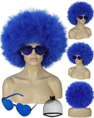 BESTBEL+Hair Cap Red Curly Wig and Sunglasses Clown Wigs for Adults Curly Red Wig for Halloween Disco Party Outfits Short Afro Wigs with Bangs Cosplay Costume Fluffy Bouncy Synthetic Hair in Saudi Arabia