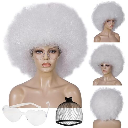 BESTBEL+Hair Cap Red Curly Wig and Sunglasses Clown Wigs for Adults Curly Red Wig for Halloween Disco Party Outfits Short Afro Wigs with Bangs Cosplay Costume Fluffy Bouncy Synthetic Hair in Saudi Arabia