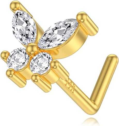 14K الذهب الحقيقي الأنف خواتم ترصيع مقلد الماس المويسانتي L على شكل 20G الأنف ترصيع الأنف ثقب المجوهرات هيبوالرجينيك ثقب الأنف للنساء الرجال in Kuwait