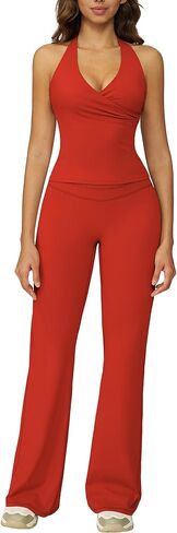 ABOCIW Womens Two Piece Workout Sets Wrap Halter Tank Top Matching High Waist Flared Leggings Yoga Pilates Outfits in Saudi Arabia