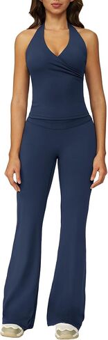ABOCIW Womens Two Piece Workout Sets Wrap Halter Tank Top Matching High Waist Flared Leggings Yoga Pilates Outfits in Saudi Arabia