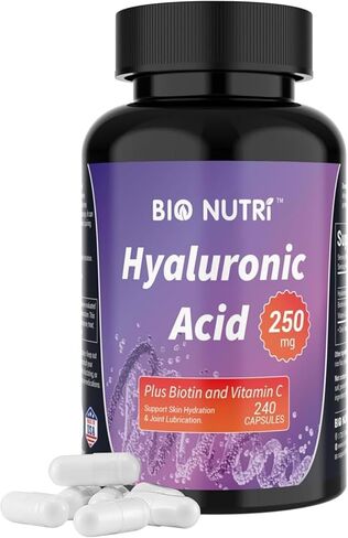 BIO NUTRI Hyaluronic Acid Supplements 250mg | 240 Capsules | with Vitamin C & Biotin, Hyaluronic Acid Capsule Support Skin Hydration, Joint Lubrication, Hair, Nail and Eye Health in Saudi Arabia