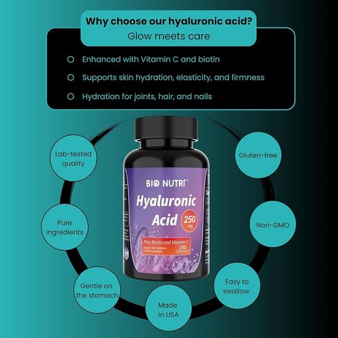 BIO NUTRI Hyaluronic Acid Supplements 250mg | 240 Capsules | with Vitamin C & Biotin, Hyaluronic Acid Capsule Support Skin Hydration, Joint Lubrication, Hair, Nail and Eye Health in Saudi Arabia