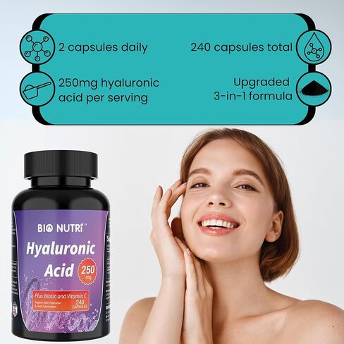 BIO NUTRI Hyaluronic Acid Supplements 250mg | 240 Capsules | with Vitamin C & Biotin, Hyaluronic Acid Capsule Support Skin Hydration, Joint Lubrication, Hair, Nail and Eye Health in Saudi Arabia