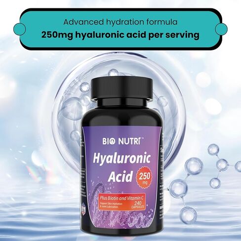 BIO NUTRI Hyaluronic Acid Supplements 250mg | 240 Capsules | with Vitamin C & Biotin, Hyaluronic Acid Capsule Support Skin Hydration, Joint Lubrication, Hair, Nail and Eye Health in Saudi Arabia
