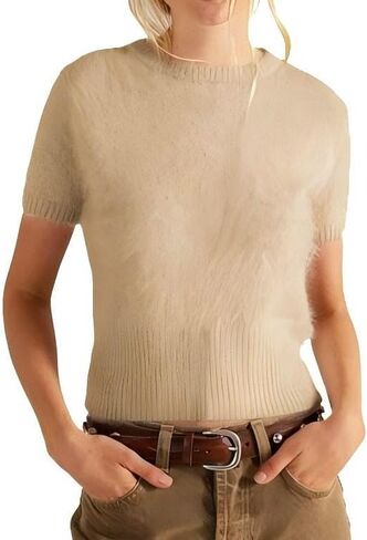 Women's Fuzzy Cropped Sweater Short Sleeve Oversized Soft Furry Pullover Loose Comfy Casual Knit Top in Saudi Arabia