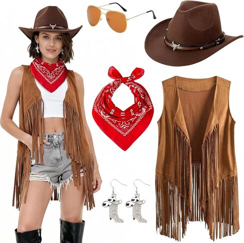 Western Cowgirl Outfits for Women Cowgirl Costume Fringe Vest Hat and Accessories Set in Saudi Arabia