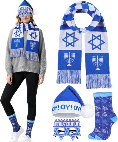 4 Pcs Hanukkah Costume Set for Adults Blue & White Knit Hat, Scarf, Glasses, Socks Jewish Holiday Winter Accessories Bundle Gift for Hanukkah Party Costume in Saudi Arabia