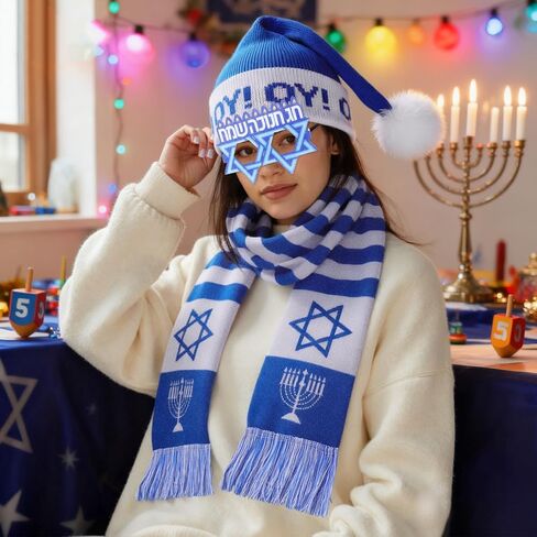 4 Pcs Hanukkah Costume Set for Adults Blue & White Knit Hat, Scarf, Glasses, Socks Jewish Holiday Winter Accessories Bundle Gift for Hanukkah Party Costume in Saudi Arabia