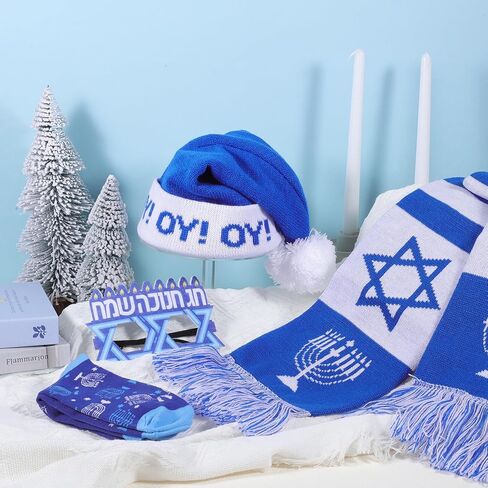 4 Pcs Hanukkah Costume Set for Adults Blue & White Knit Hat, Scarf, Glasses, Socks Jewish Holiday Winter Accessories Bundle Gift for Hanukkah Party Costume in Saudi Arabia