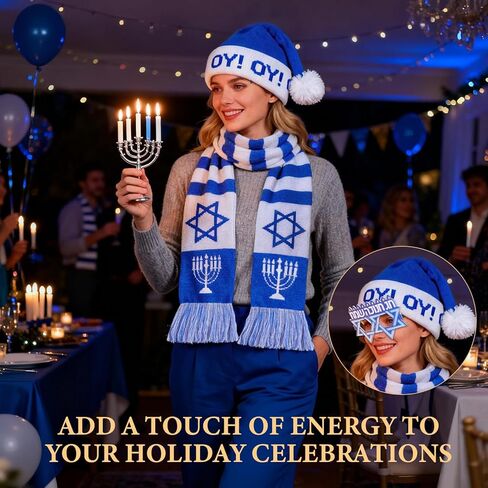 4 Pcs Hanukkah Costume Set for Adults Blue & White Knit Hat, Scarf, Glasses, Socks Jewish Holiday Winter Accessories Bundle Gift for Hanukkah Party Costume in Saudi Arabia