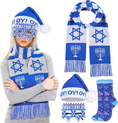4 Pcs Hanukkah Costume Set for Adults Blue & White Knit Hat, Scarf, Glasses, Socks Jewish Holiday Winter Accessories Bundle Gift for Hanukkah Party Costume in Saudi Arabia