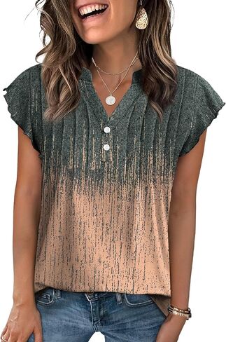 OFEEFAN Summer Tops for Women Button Down Blouses for Women Dressy Casual V Neck T Shirts Ruffle Sleeve in Saudi Arabia