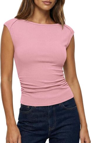 BTFBM Womens Summer Tops 2026 Boat Neck Cap Sleeve Tee Shirts Ruched Slim Fit Knit Going Out Tank Top Spring Fashion in Saudi Arabia