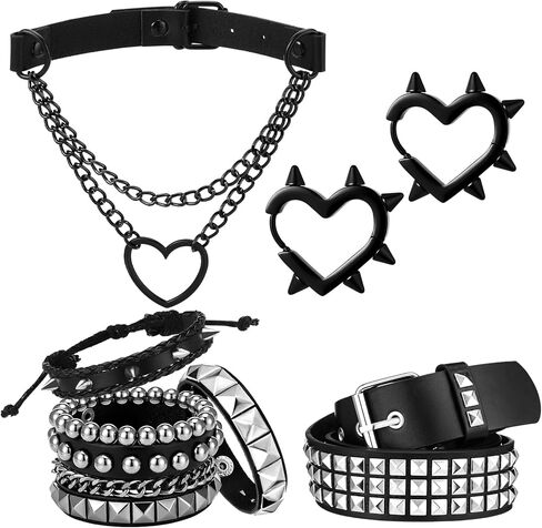7 Pcs 80s Gothic Punk Rock Outfit Accessories for Women Men Emo Bracelets Leather Studded Bracelets Belt Goth Heart Chain Choker Y2k Huggie Hoop Spike Black Earrings Jewelry Gift for Rocker in Saudi Arabia