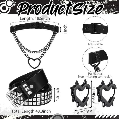 7 Pcs 80s Gothic Punk Rock Outfit Accessories for Women Men Emo Bracelets Leather Studded Bracelets Belt Goth Heart Chain Choker Y2k Huggie Hoop Spike Black Earrings Jewelry Gift for Rocker in Saudi Arabia
