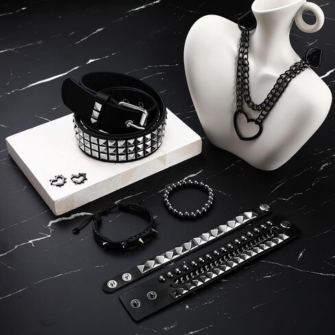 7 Pcs 80s Gothic Punk Rock Outfit Accessories for Women Men Emo Bracelets Leather Studded Bracelets Belt Goth Heart Chain Choker Y2k Huggie Hoop Spike Black Earrings Jewelry Gift for Rocker in Saudi Arabia