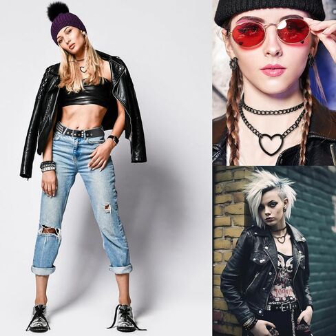7 Pcs 80s Gothic Punk Rock Outfit Accessories for Women Men Emo Bracelets Leather Studded Bracelets Belt Goth Heart Chain Choker Y2k Huggie Hoop Spike Black Earrings Jewelry Gift for Rocker in Saudi Arabia