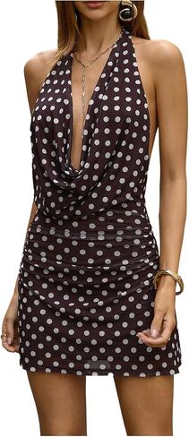 SweatyRocks Women's Polka Dots Mesh Halter Mini Dress Cowl Neck Ruched Cocktail Dresses Going Out Outfits in Saudi Arabia