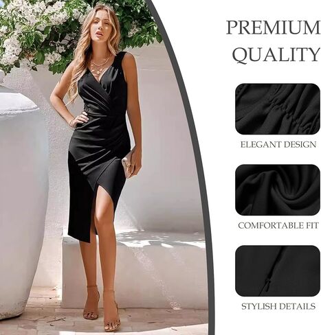 Women's V Neck Midi Dress Summer Bodycon Ruched Sleeveless Formal Prom Cocktail Party Midi Dress in Saudi Arabia