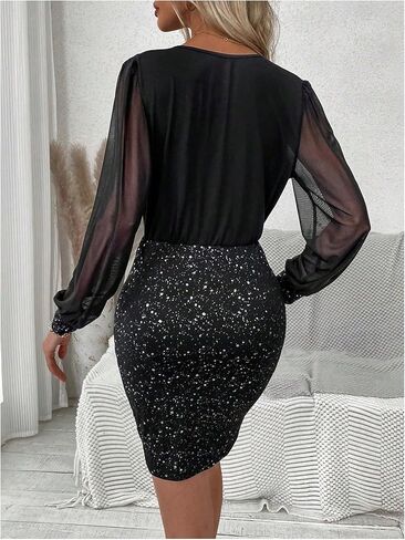 Women's Mesh Long Sleeve Glitter Dress Elegant Wrap V Neck Bodycon Mini Evening Party Cocktail Dresses in Saudi Arabia