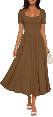 ZESICA Summer Dresses for Women 2026 Elegant Classy Square Neck Short Sleeve Flowy Cocktail Party Midi Dress in Saudi Arabia