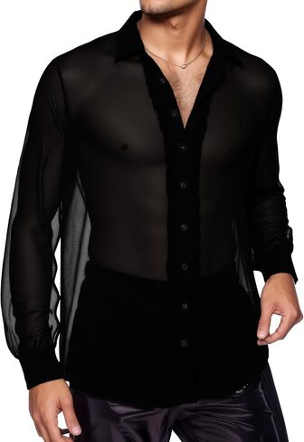 SEAUR Sheer Mesh Shirt for Men See Through Long Sleeve Button Down Nightclub Disco Party Rave Tops in Saudi Arabia