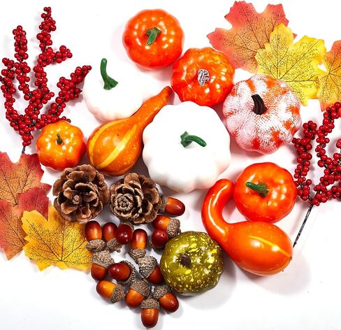 88 pcs Halloween Party Decorations Indoor Set for Office Thansgiving Artificial Pumpkins Decor Kit with Decor Pumpkins Acorns Pinecone Fall Leaves and Red Berries in Saudi Arabia