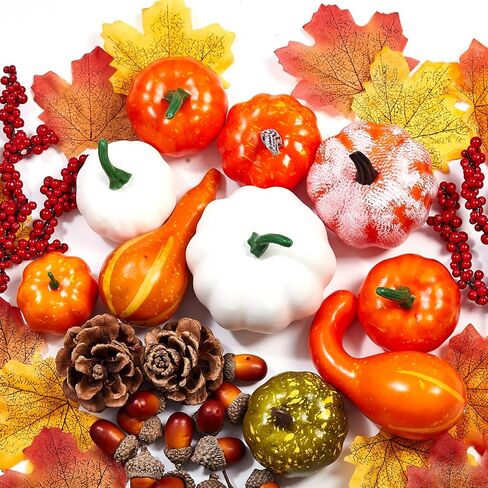 88 pcs Halloween Party Decorations Indoor Set for Office Thansgiving Artificial Pumpkins Decor Kit with Decor Pumpkins Acorns Pinecone Fall Leaves and Red Berries in Saudi Arabia