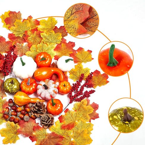 88 pcs Halloween Party Decorations Indoor Set for Office Thansgiving Artificial Pumpkins Decor Kit with Decor Pumpkins Acorns Pinecone Fall Leaves and Red Berries in Saudi Arabia