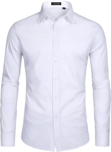 Mens Dress Shirts Long Sleeve Cotton Wrinkle Free Stretch Solid Casual Formal Wedding Business Button Down Shirt in Saudi Arabia